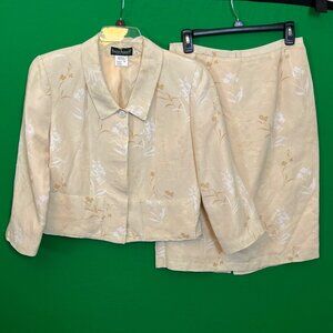 Harve Bernard Vintage LInen Blend 2 Piece Skirt Suit Pale Yellow‎ Floral Size 10